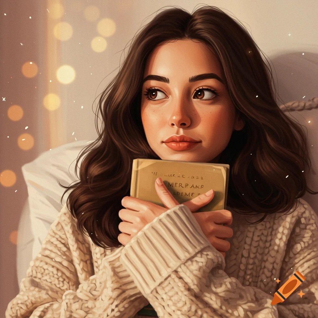 Portrait of a young woman holding a book in a cosy setting with bokeh lights, digital art.
