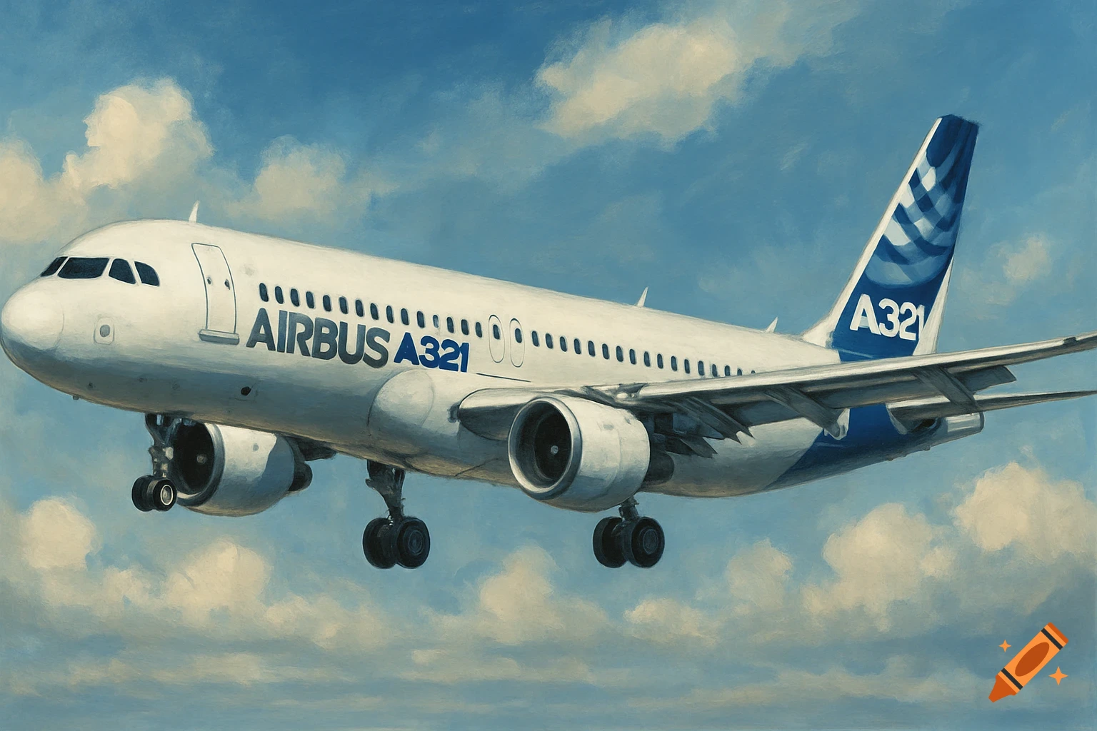 Airbus A321 airplane flying in a painterly style.