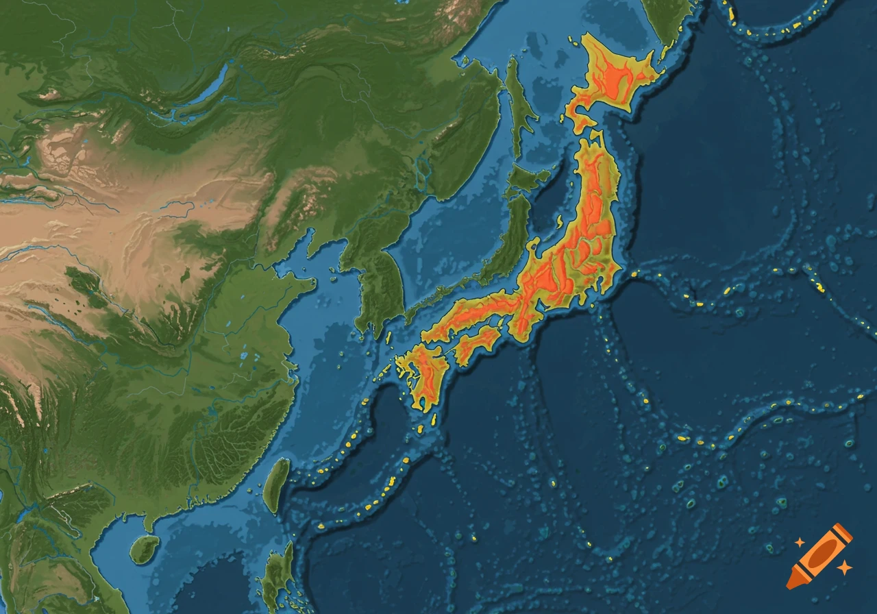 Topographic map of Japan and surrounding areas showing land elevation and ocean depth.
