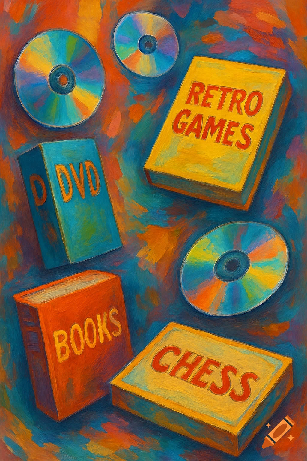 Painterly still life of DVDs, CDs, books, and games