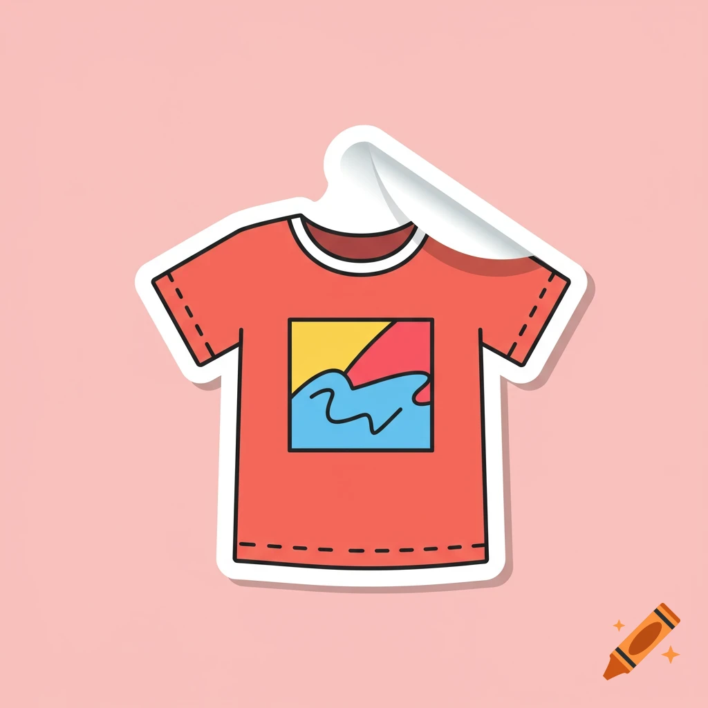 Cartoon sticker icon of a red t-shirt with abstract art peeling from a pink background.