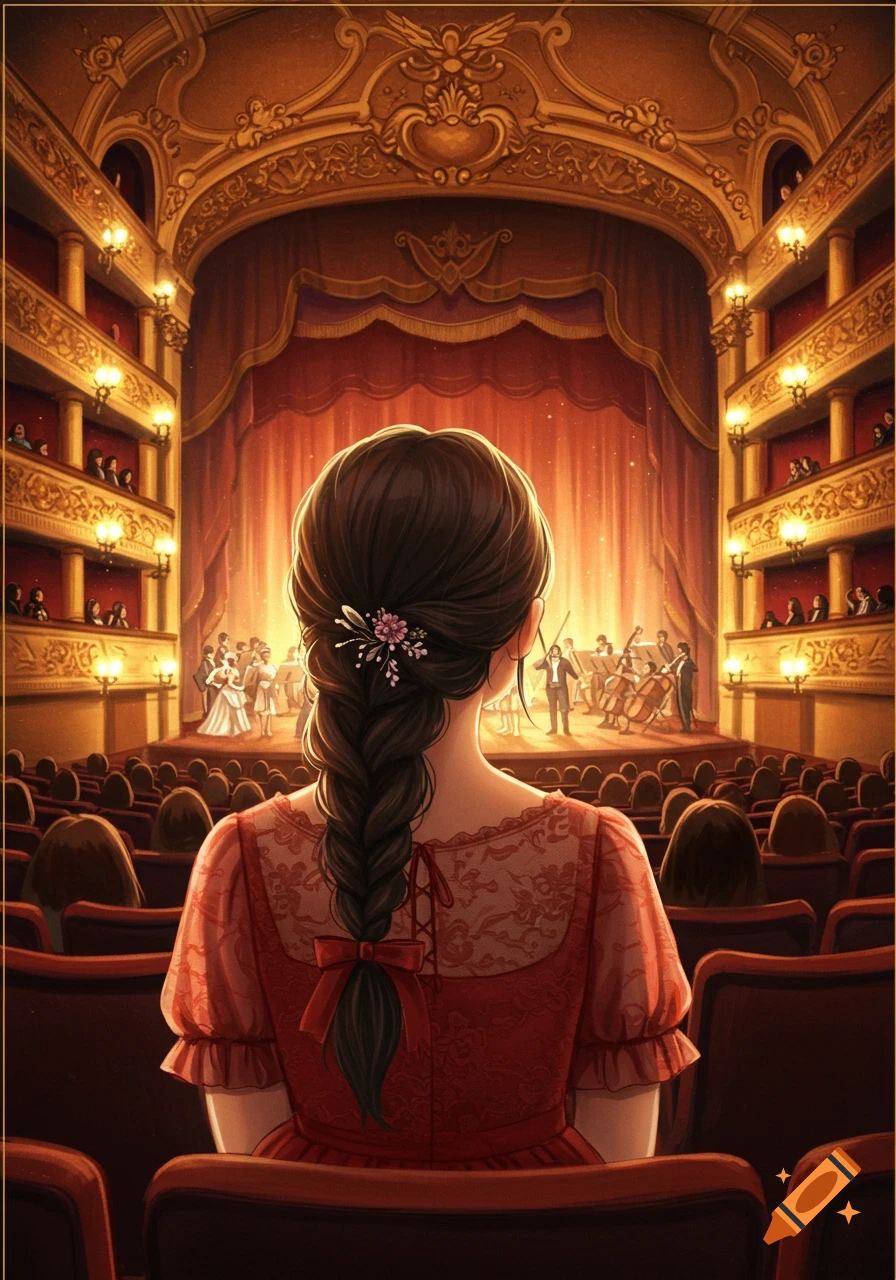 A woman in a red dress watches a performance on stage in an ornate theatre.