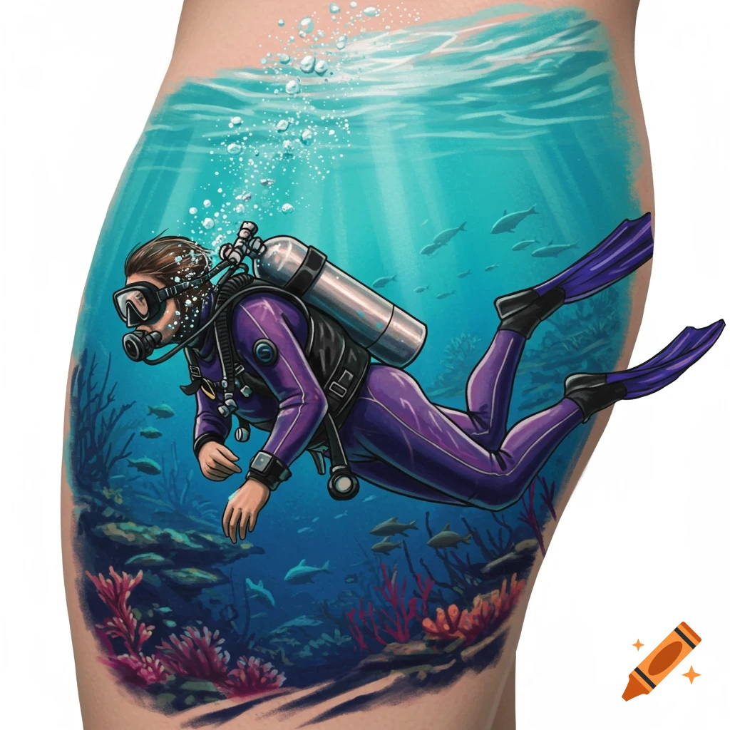 Illustration of a scuba diver swimming underwater with coral and fish.