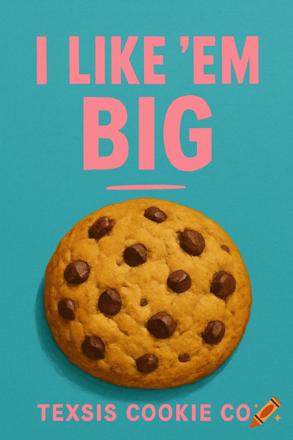 A large chocolate chip cookie centered on a teal background with pink text reading 'I LIKE 'EM BIG' above and 'TEXSIS COOKIE CO.' below.