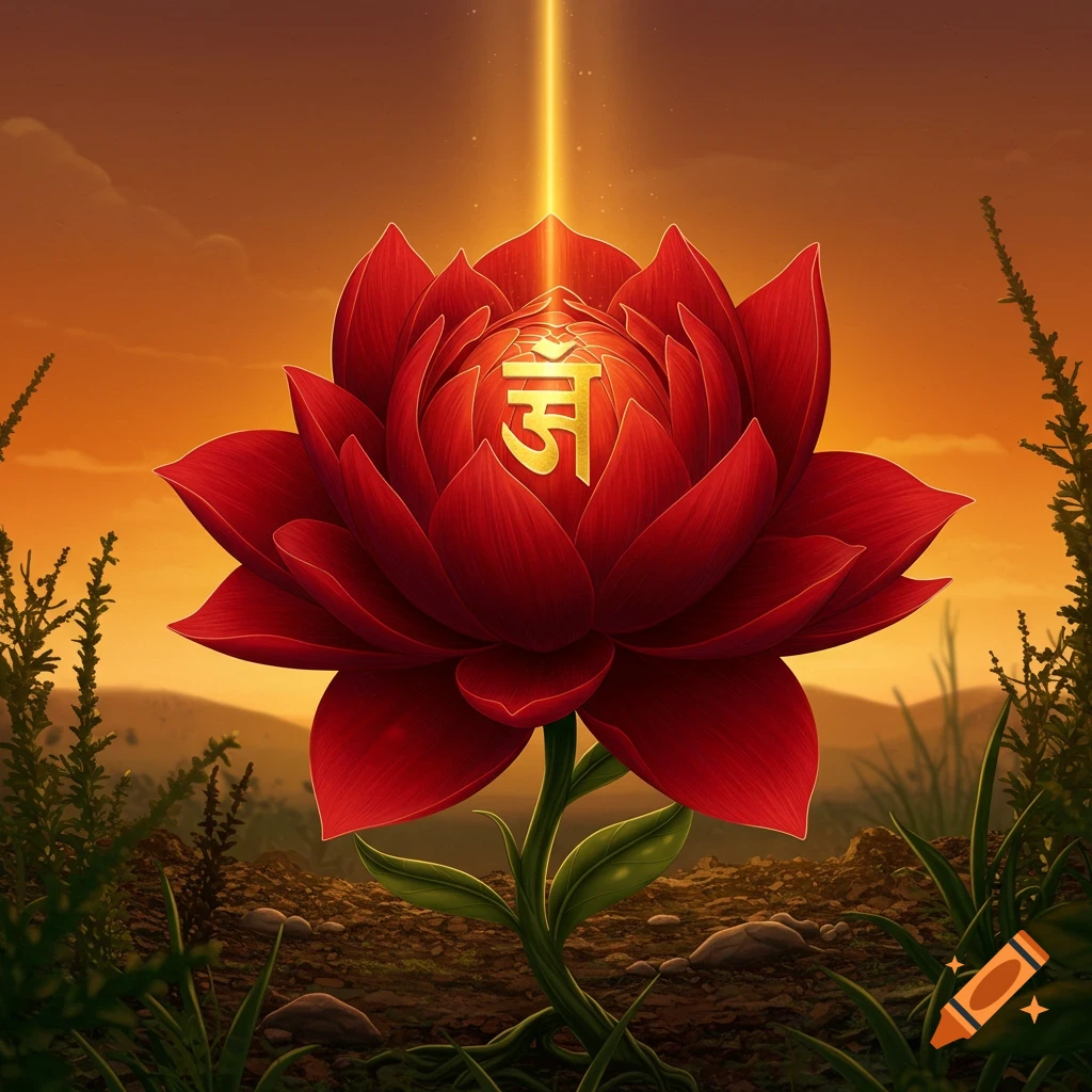 A vibrant red lotus flower with a golden Om symbol on its petals stands in a field under a beam of light at sunset.
