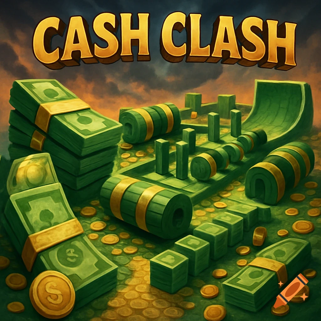 Stylized image of stacks of money, coins, and obstacles with the title CASH CLASH.