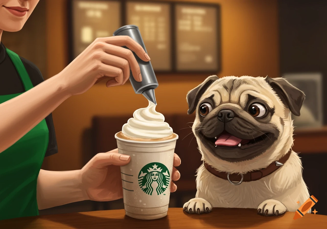 Illustration of a pug looking excited as a barista adds whipped cream to a coffee cup