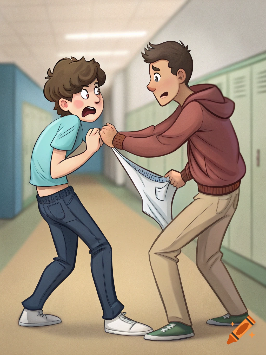 Two cartoon boys wrestling in a school hallway, one pulling the other's underwear.