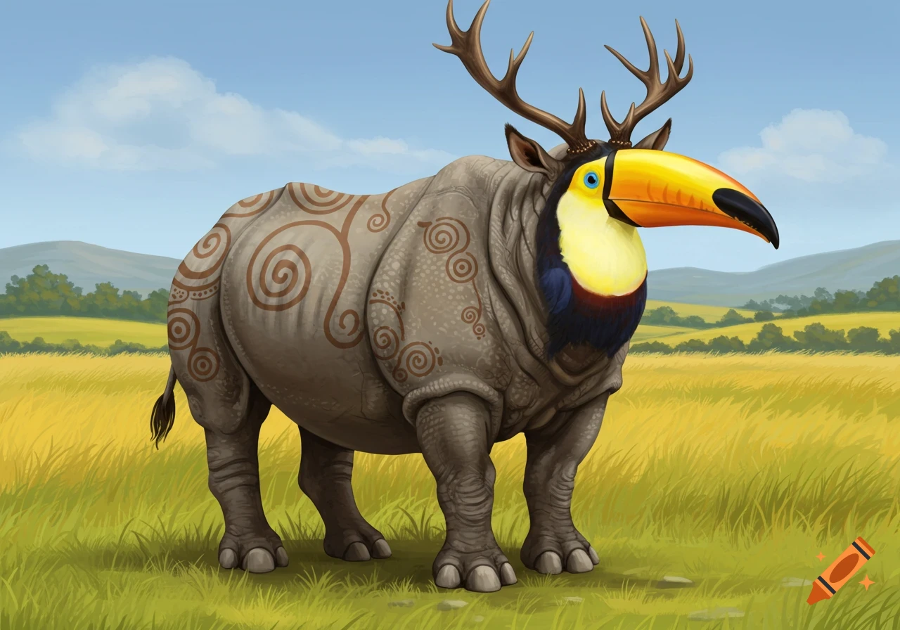 A creature combining a rhinoceros body, a toucan head, and deer antlers stands in a grassy field.