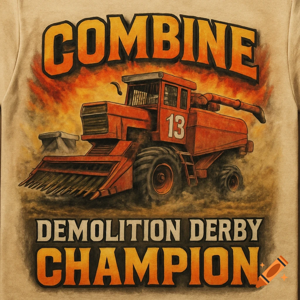 Stylized orange combine harvester with number 13, text 'COMBINE DEMOLITION DERBY CHAMPION' on a t-shirt design.