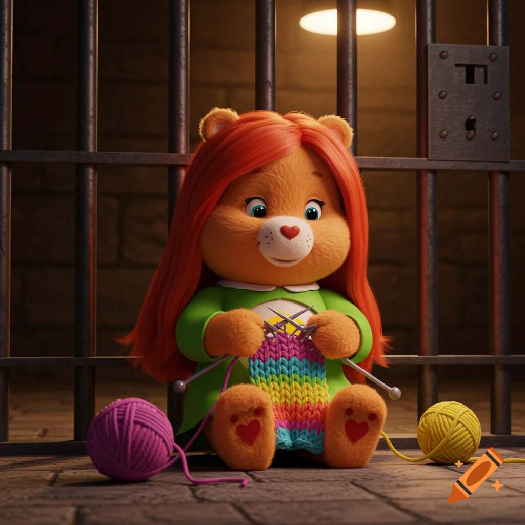 A cute orange cartoon bear with red hair knitting a rainbow pattern in a prison cell.