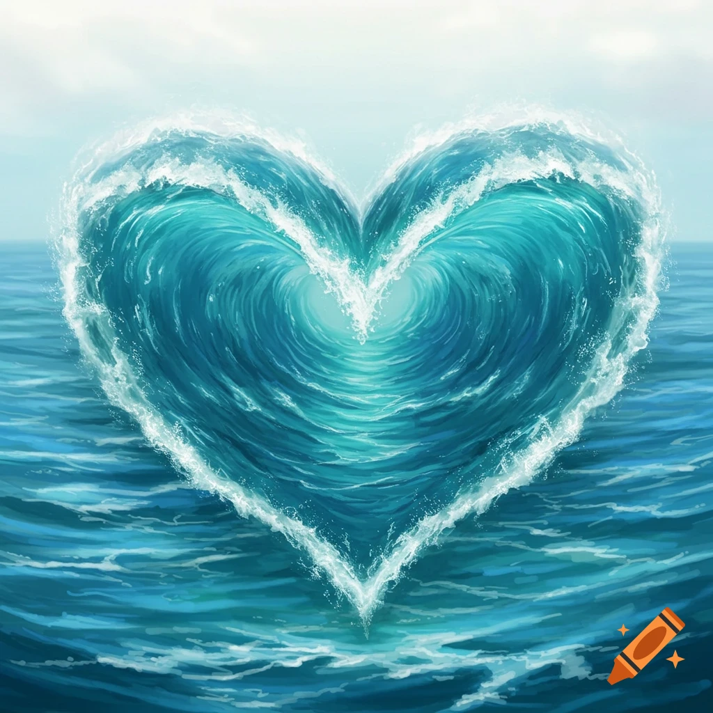 A large blue ocean wave is shaped like a heart.