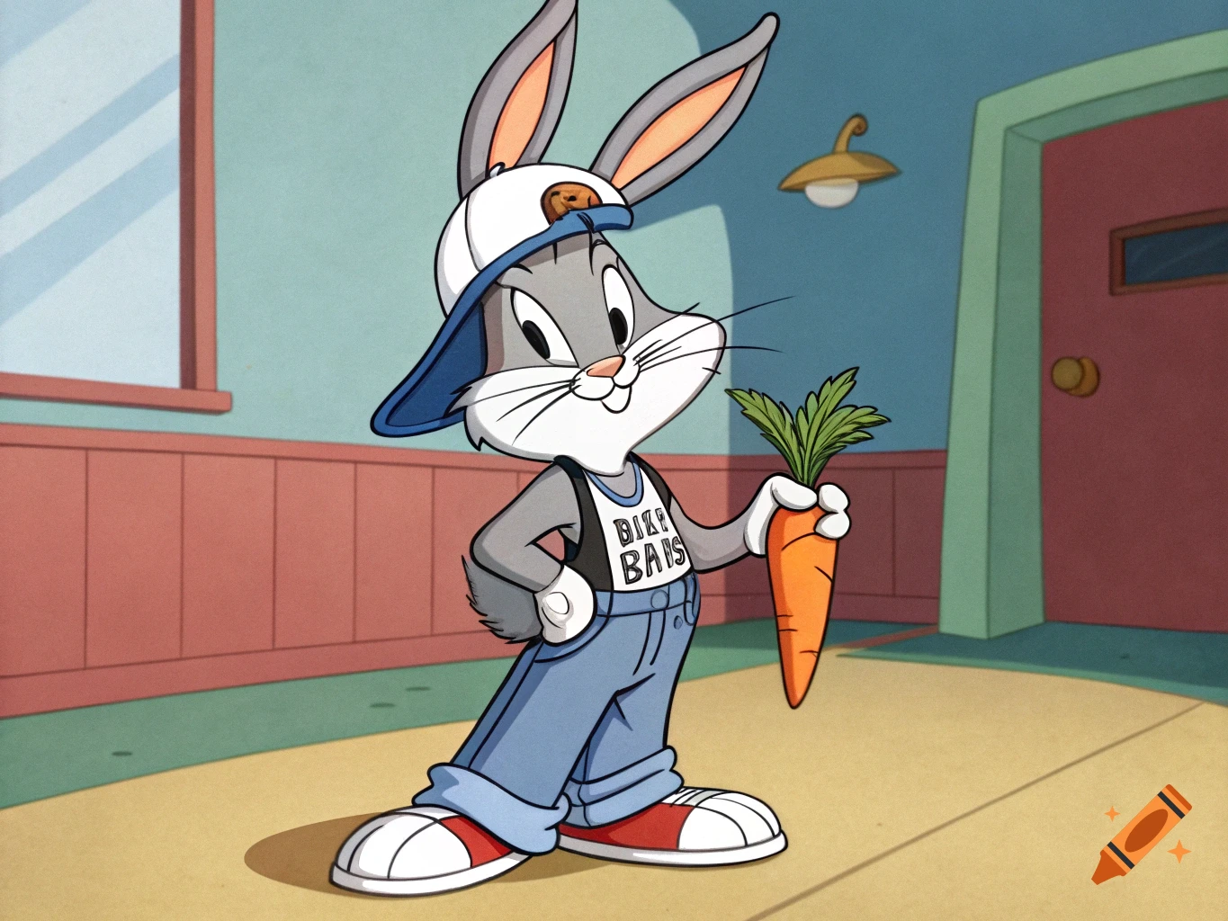 Cartoon Bugs Bunny in a 2000s outfit holding a carrot