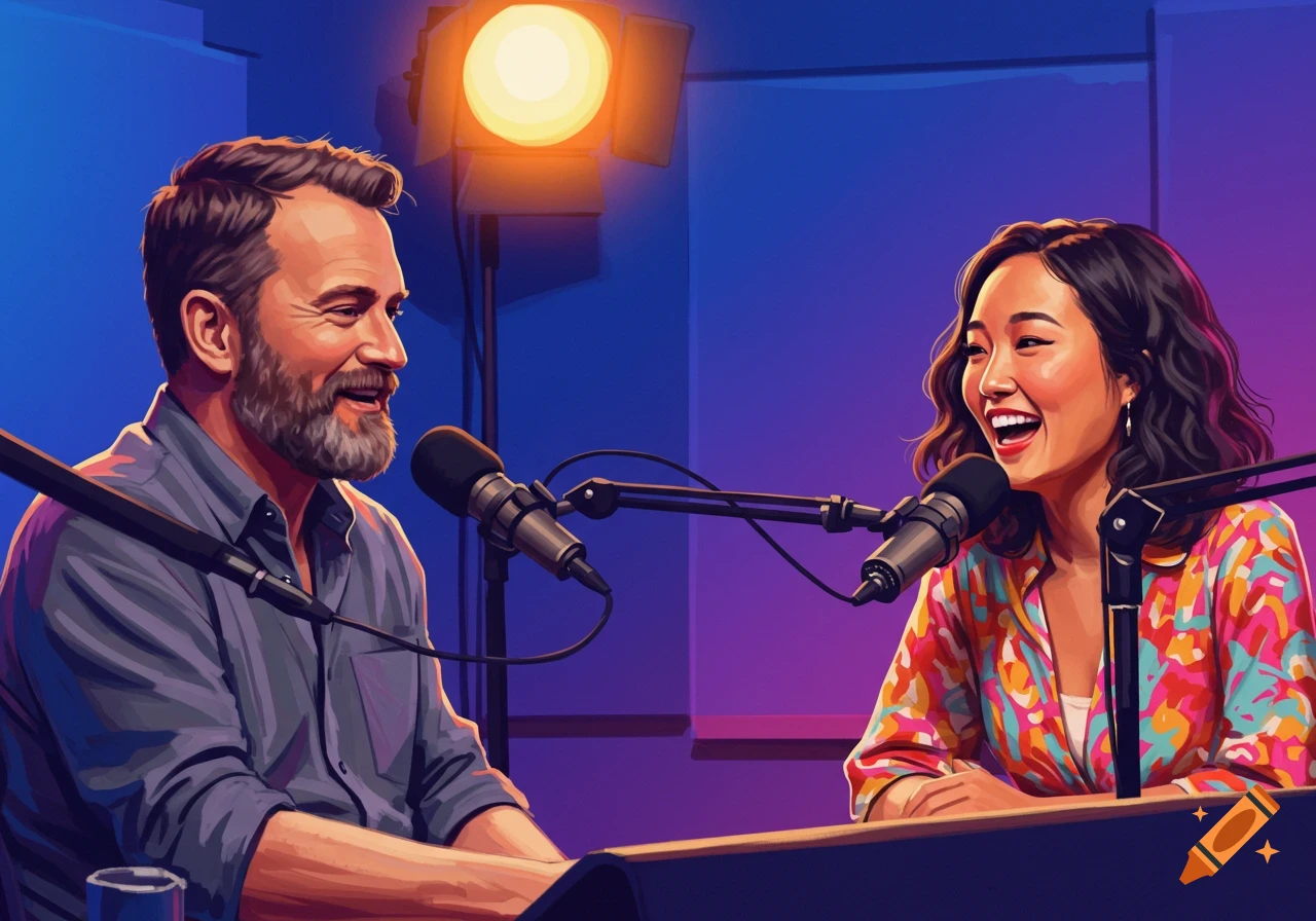 Two people talking into microphones in a podcast studio, illustration.