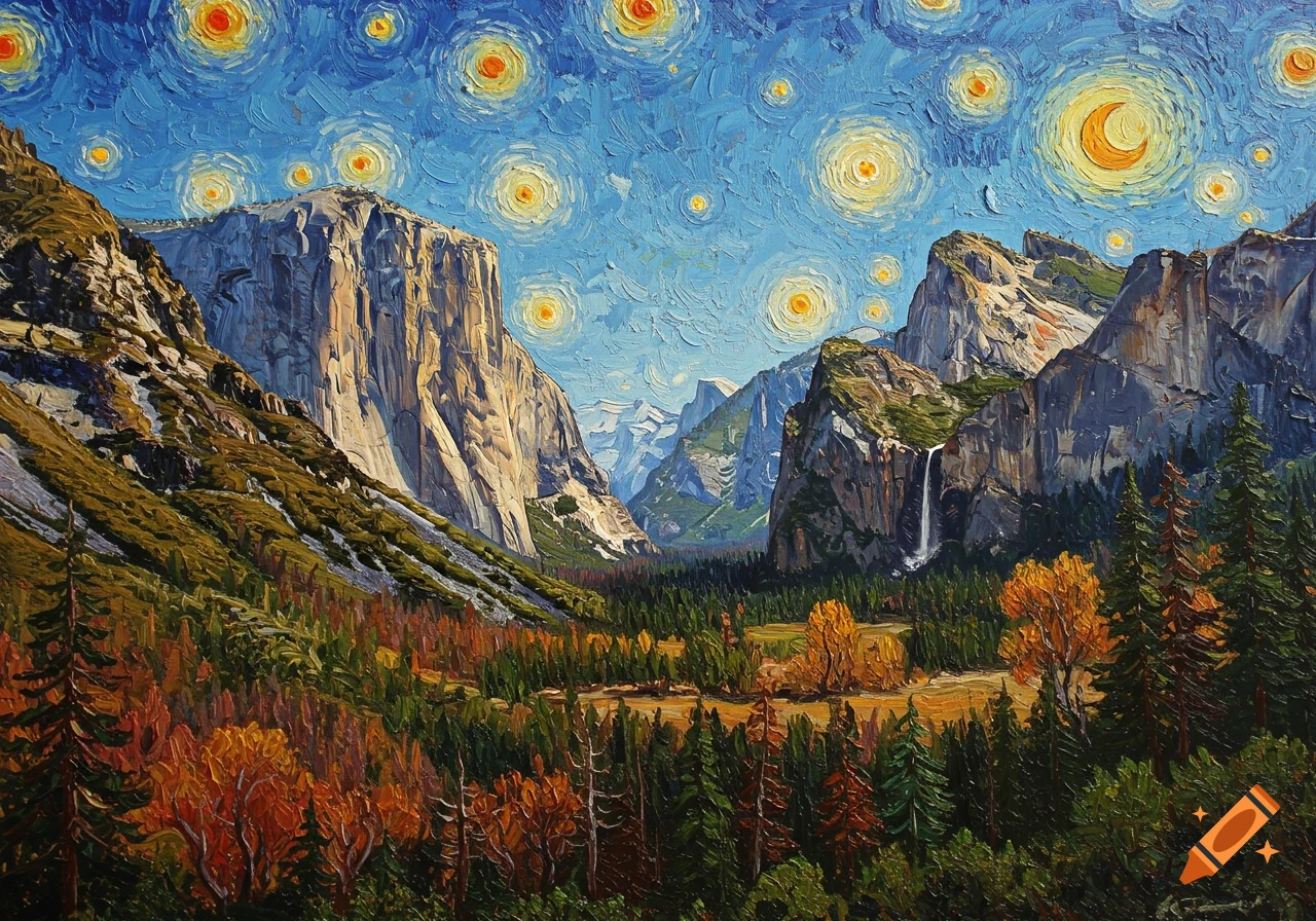 A painting of Yosemite Valley in the style of Van Gogh with swirling stars and a crescent moon.
