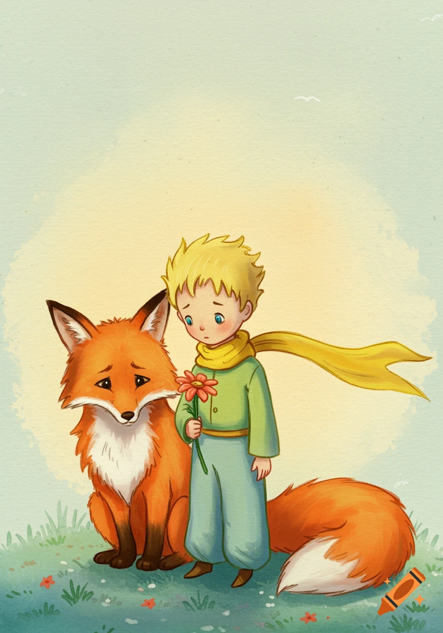 Watercolor illustration of The Little Prince and a sad fox sitting together.