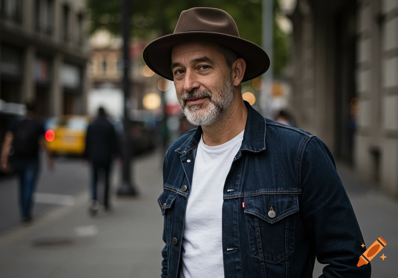 Man in brown fedora hat, white t-shirt, and denim jacket stands on a city street with a blurred background.