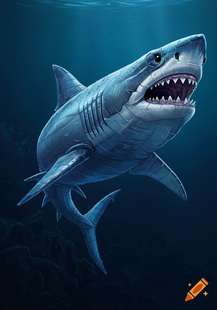 Illustration of a shark made from recycled plastic bottles swimming underwater.