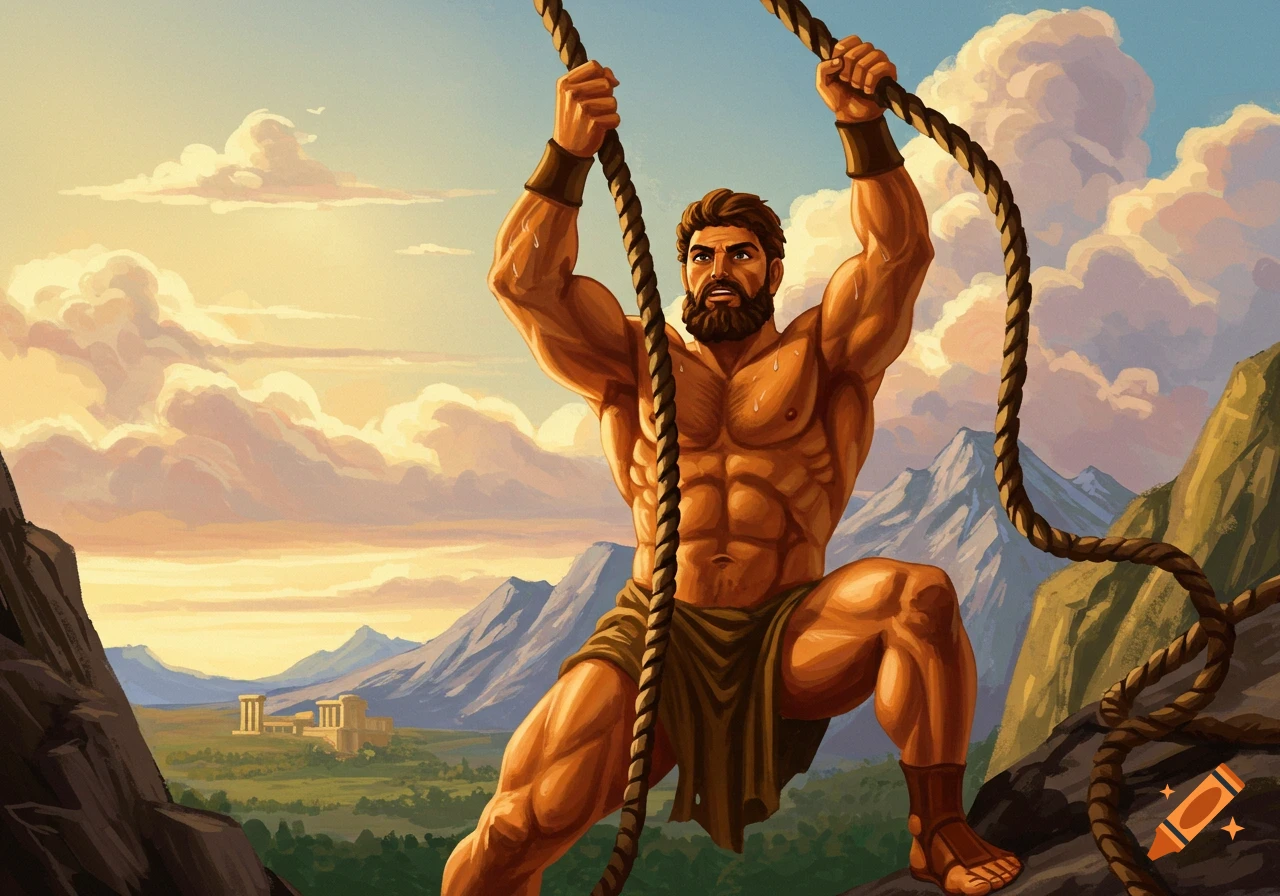 Muscular man climbing a rope on a mountain overlooking a valley with a classical building, painterly style.
