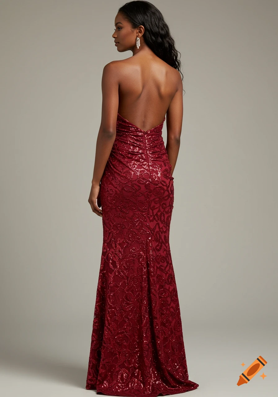 A woman in a red sequined formal dress seen from the back.