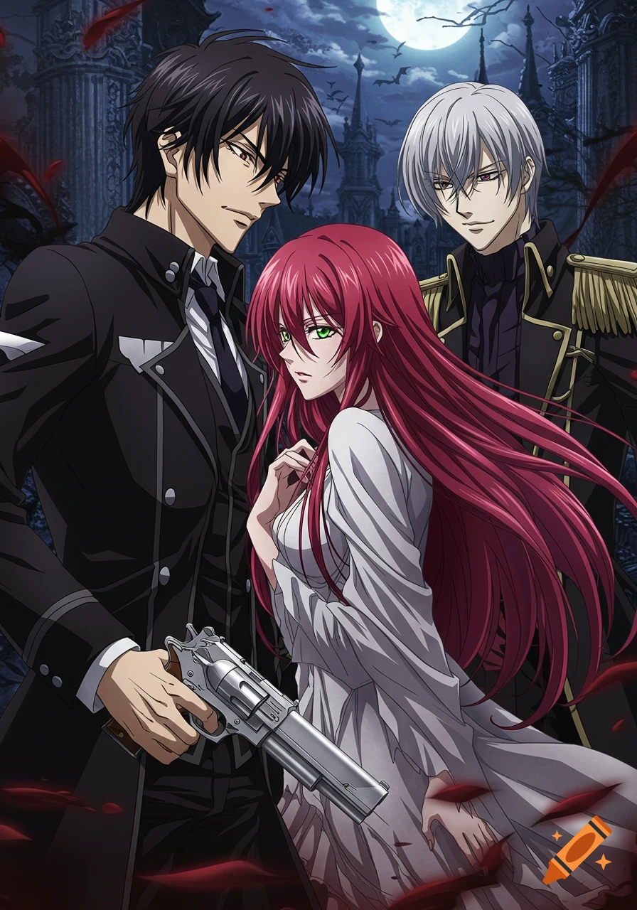 Anime illustration of two men and a woman with crimson hair and green eyes in dramatic poses with a gun before a gothic castle under a full moon.