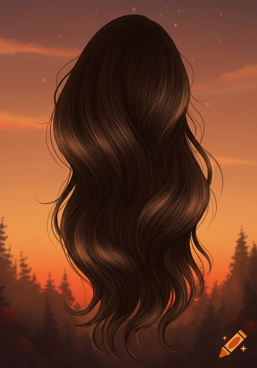 Illustration of long brown wavy hair against a sunset sky with silhouetted trees.