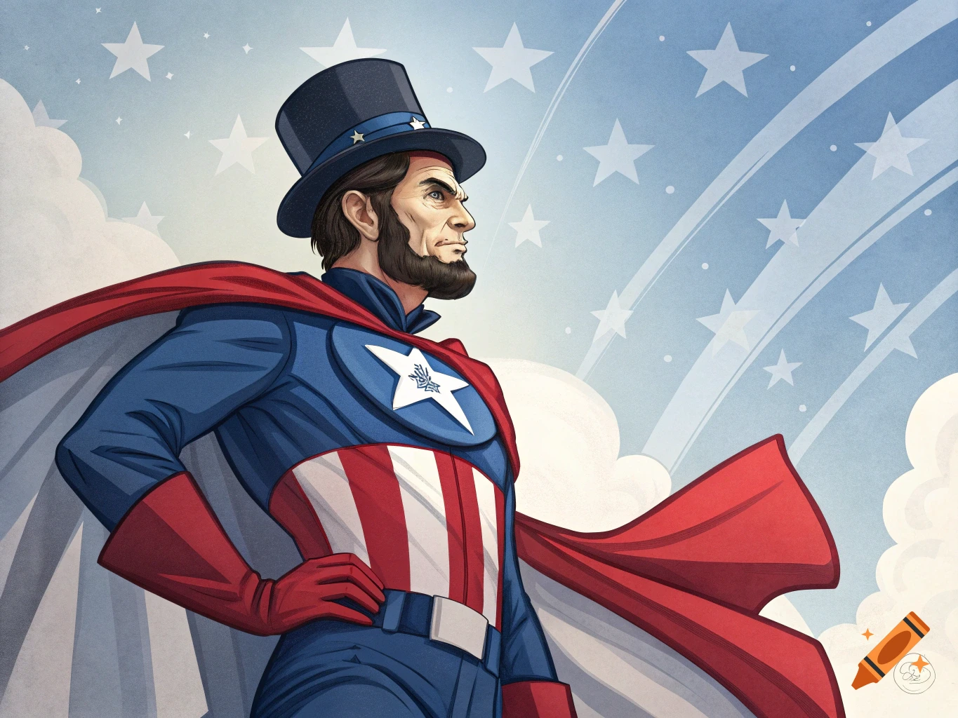 Illustration of Abraham Lincoln as a superhero in a red, white, and blue costume and top hat, standing heroically with a cape.