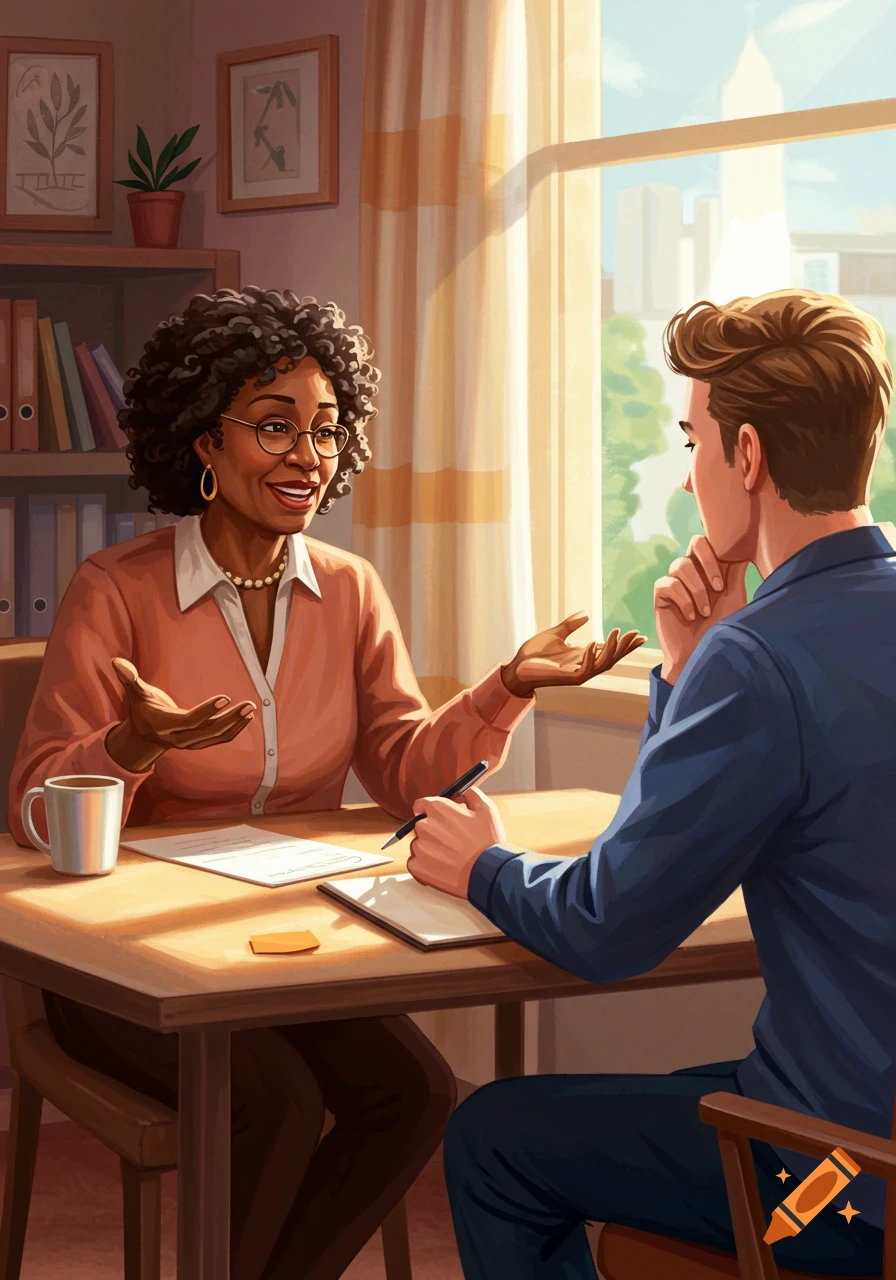 A woman coaches a man at a table in a sunlit room, painterly style.
