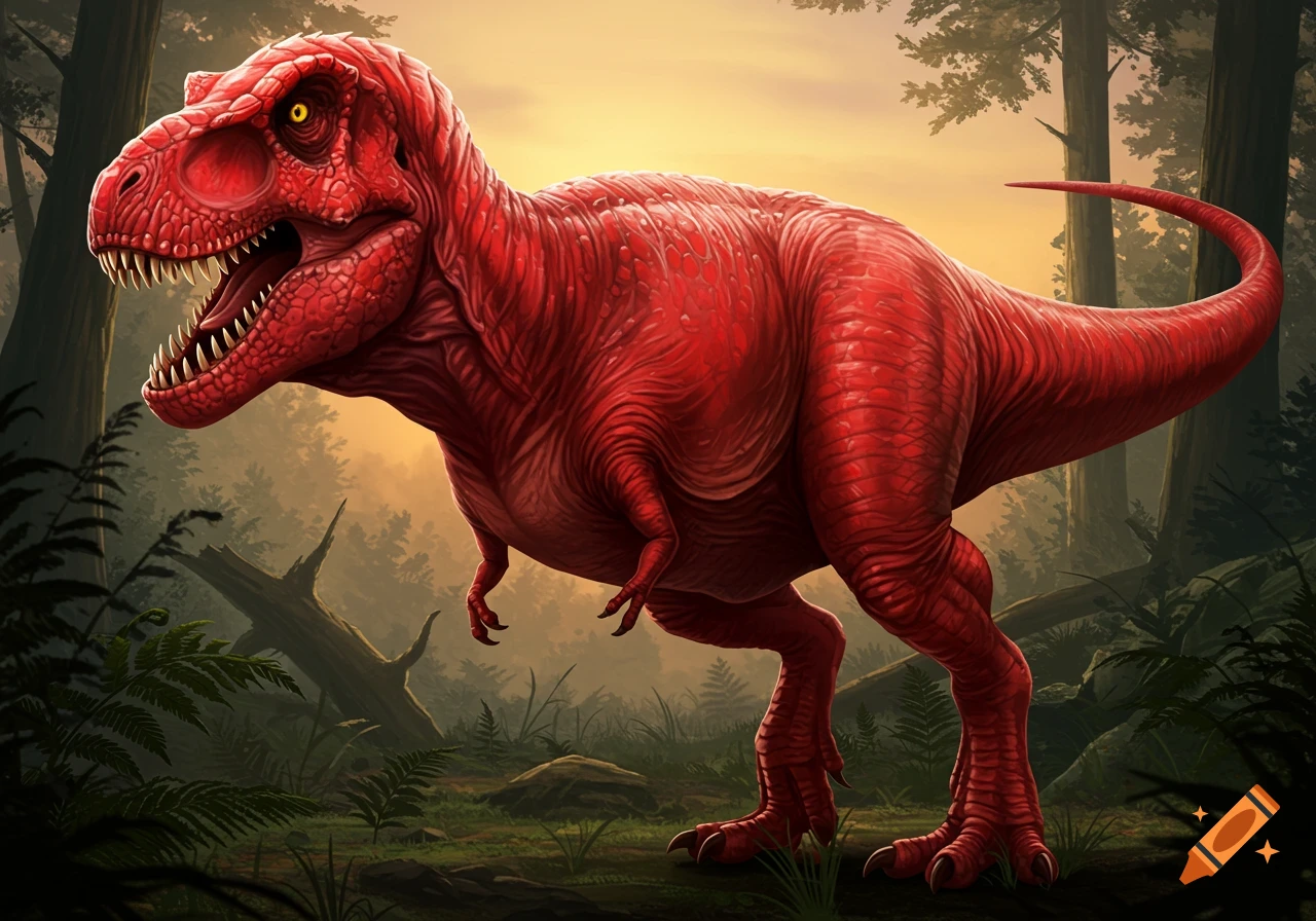 A red Tyrannosaurus Rex stands in a forest.