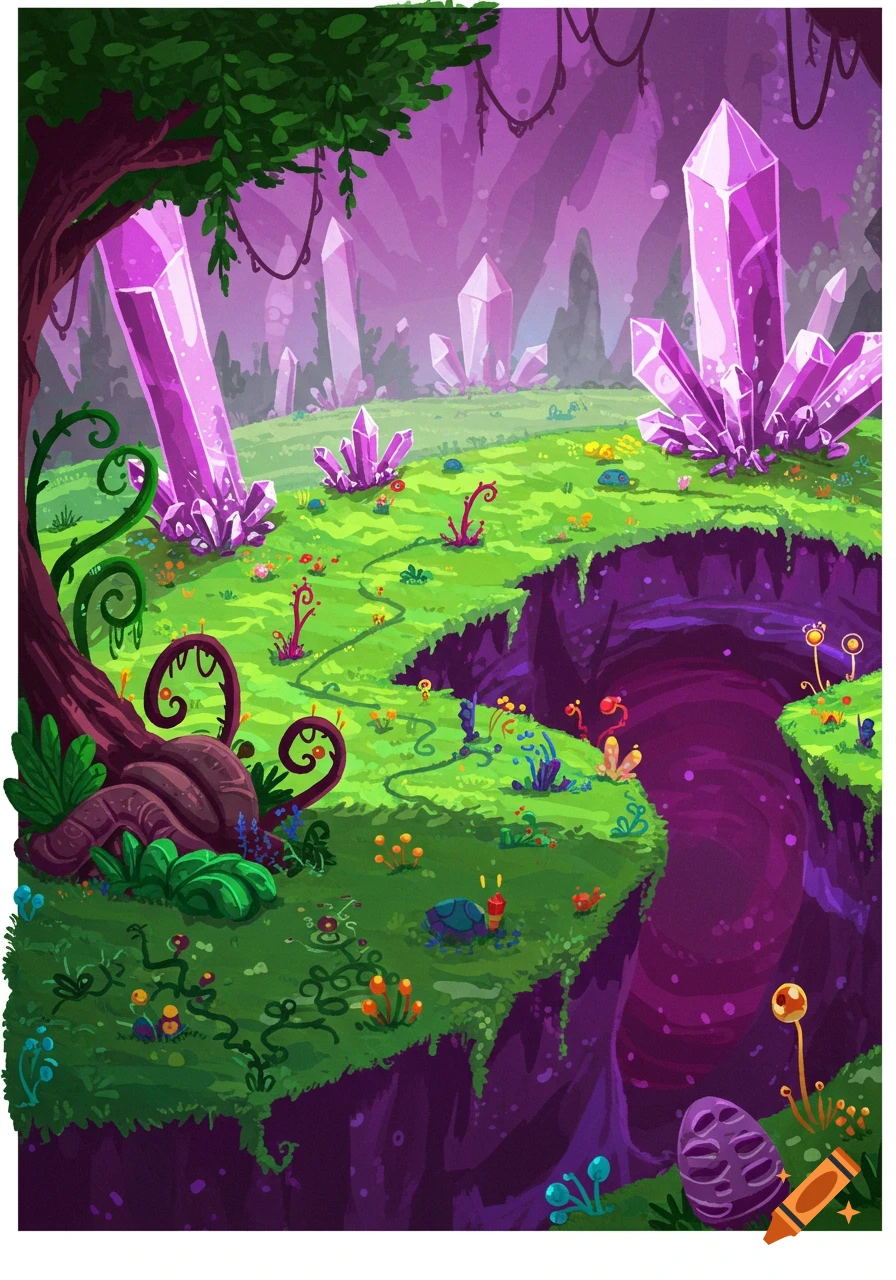Purple and green fantasy landscape with giant pink crystals, strange plants, and a dark abyss.