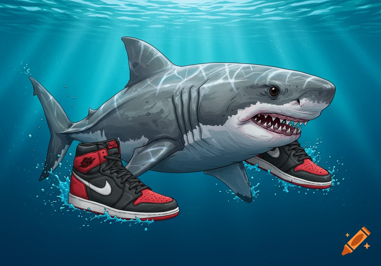A cartoon shark swims underwater wearing black and red high-top sneakers.