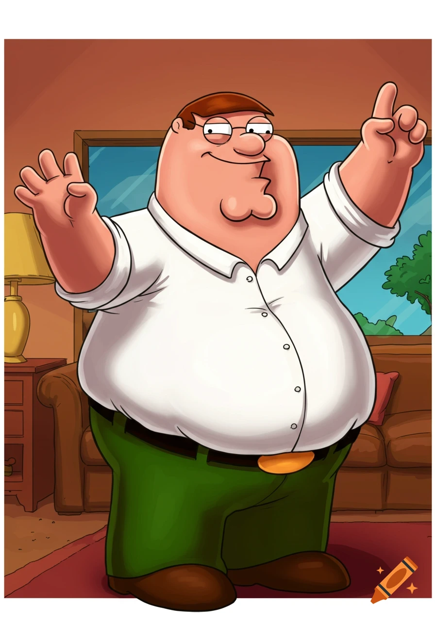 Peter Griffin from Family Guy stands in a living room, smiling with arms raised.