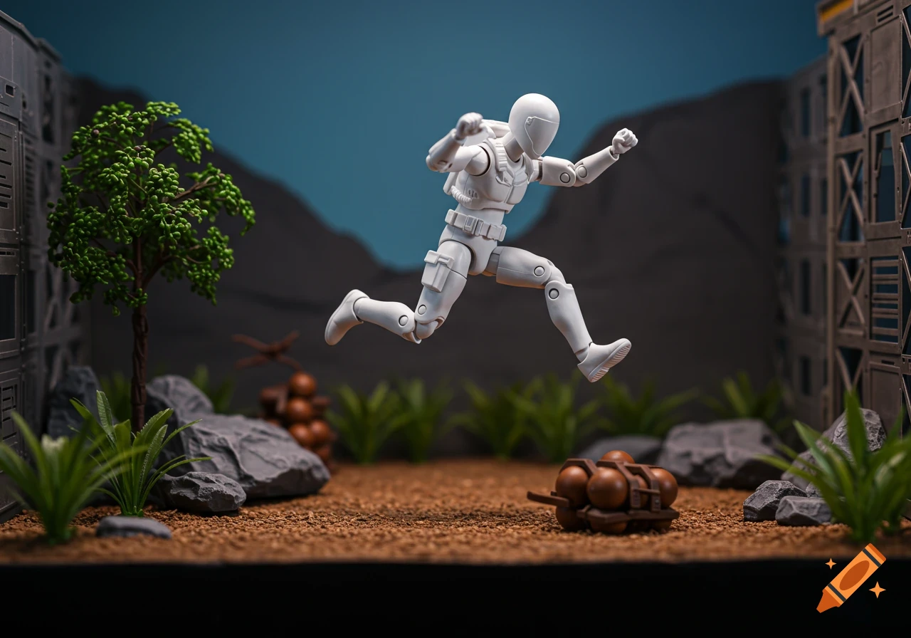 White action figure jumping over bombs in a diorama setting