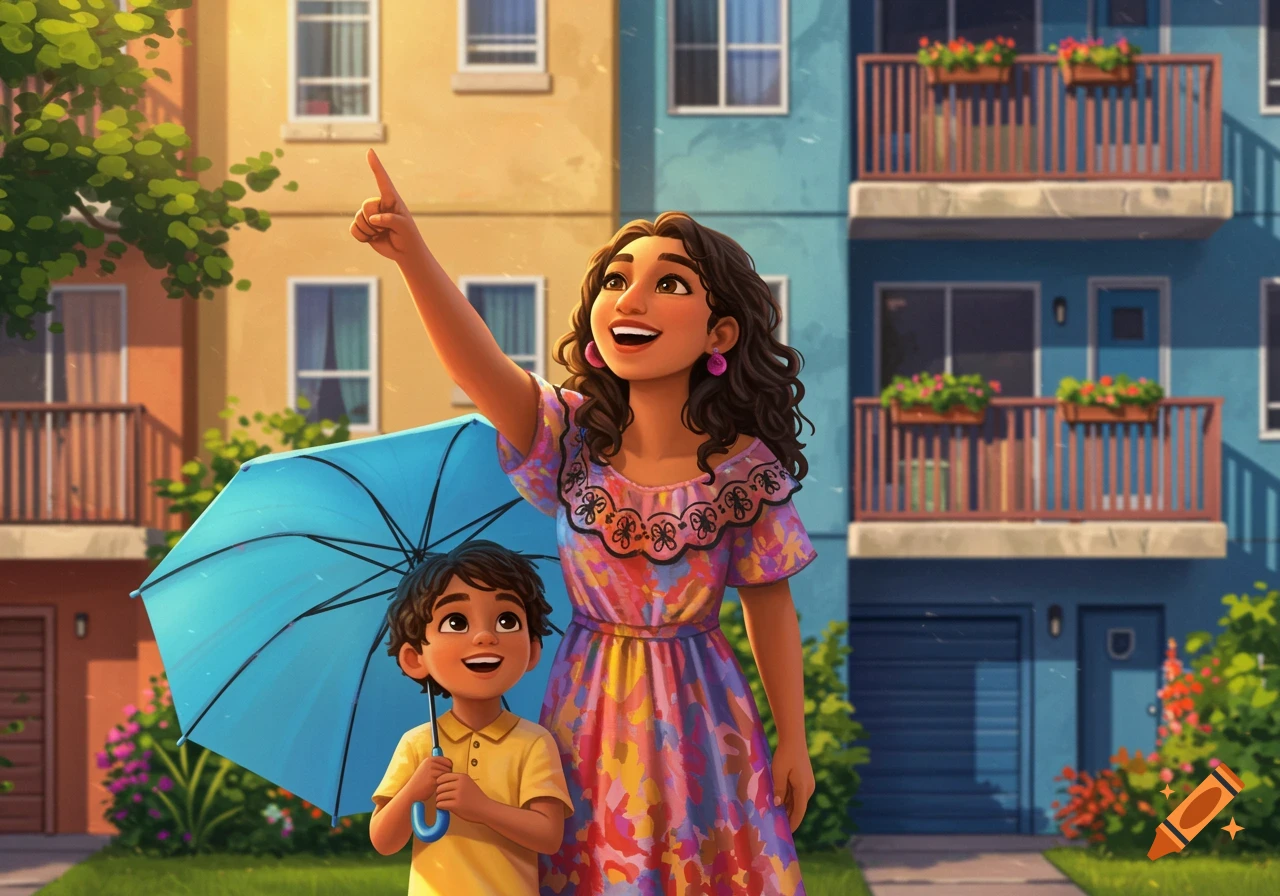 Illustration of a woman pointing up as she stands with a child holding an umbrella outside apartments.
