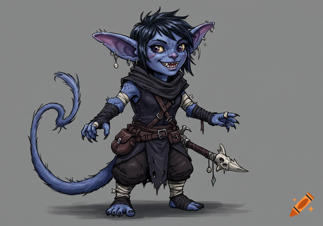 A blue fantasy goblin character with jagged teeth and ears, wearing ragged dark clothes, stands with a staff.