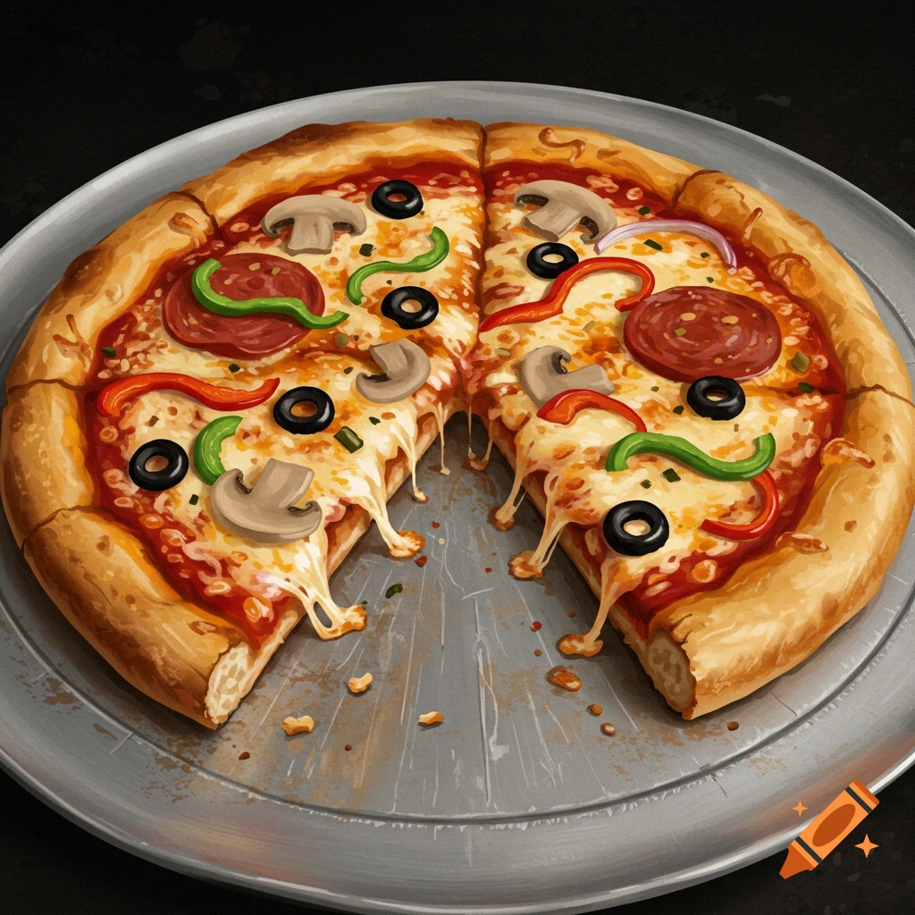 A close-up illustration of a half-eaten pizza with pepperoni, mushrooms, olives, and peppers on a pan, with cheese stretching.