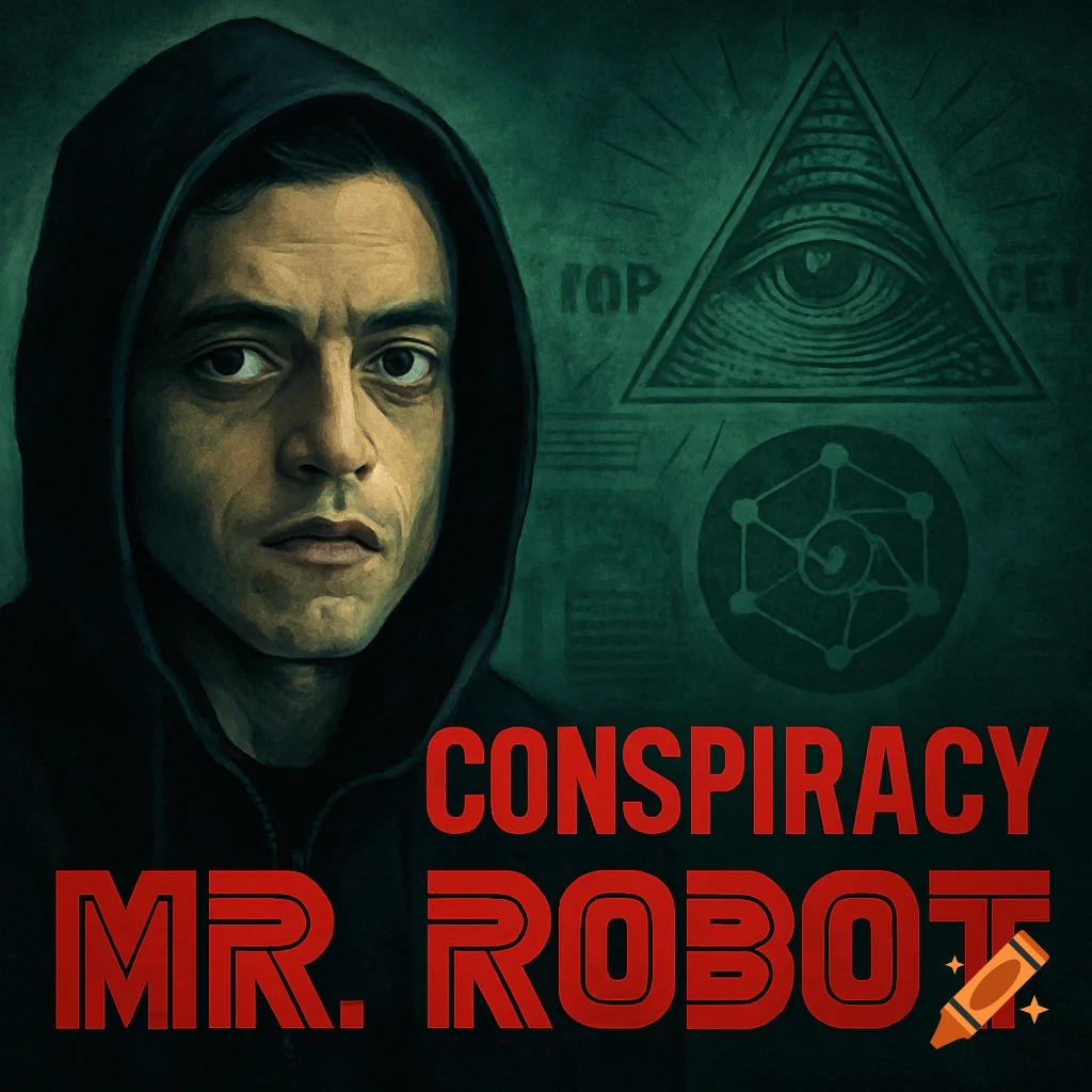 Portrait of a man in a hoodie next to conspiracy symbols and text 'CONSPIRACY MR. ROBOT'.