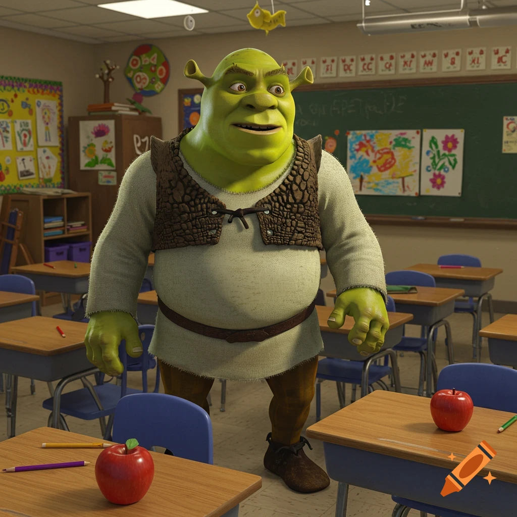 Shrek standing in a classroom with desks and an apple.