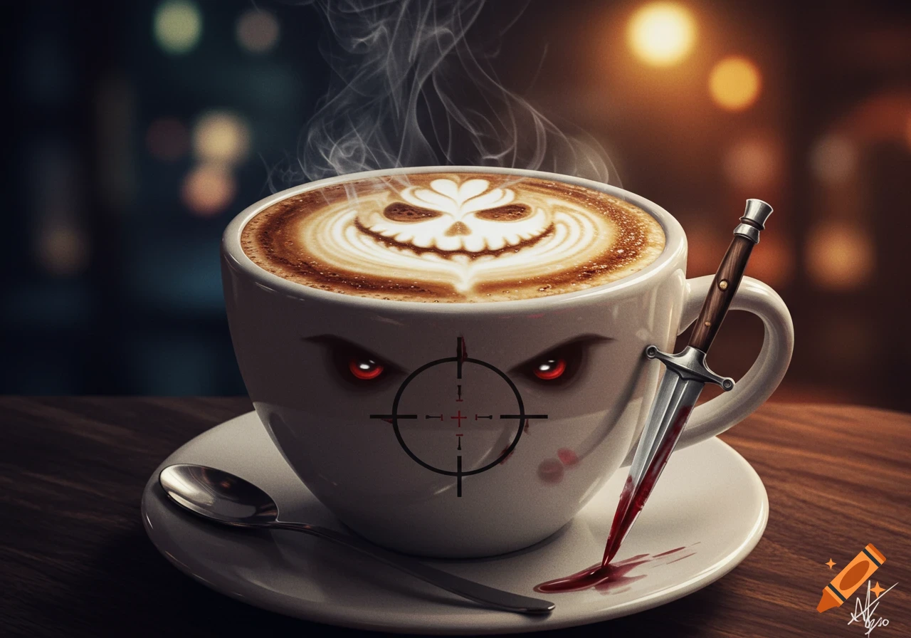 A coffee cup with skull latte art, red eyes, target scope, and a bloody dagger stuck into the side, with blood pooling.