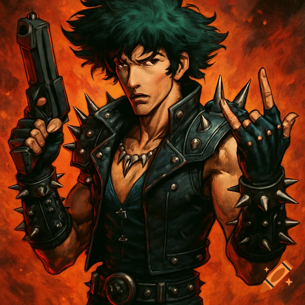 Anime man in spiked jacket with gun makes rock sign against orange background.