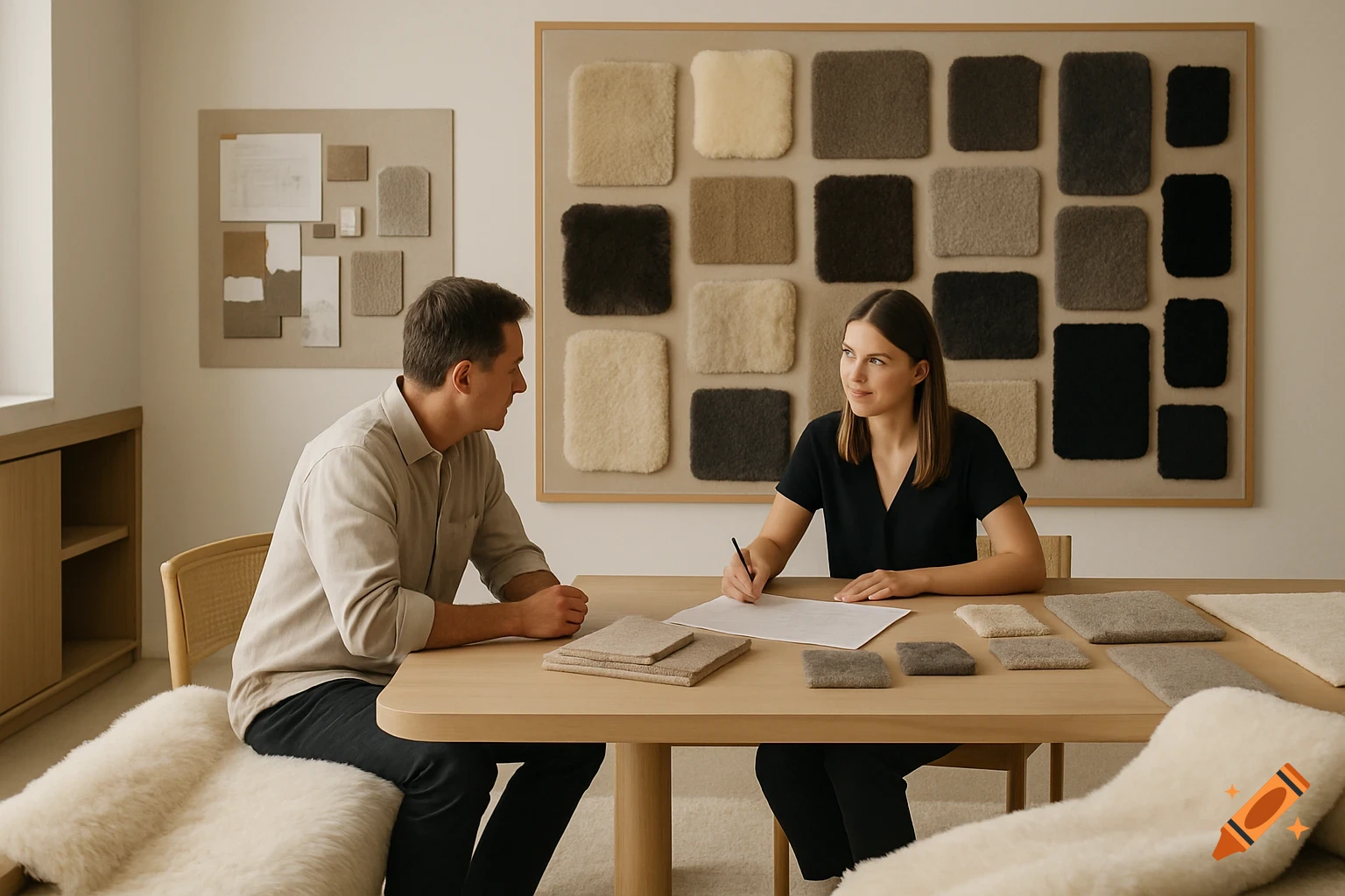 Two people in an interior design studio reviewing fabric samples and mood boards.