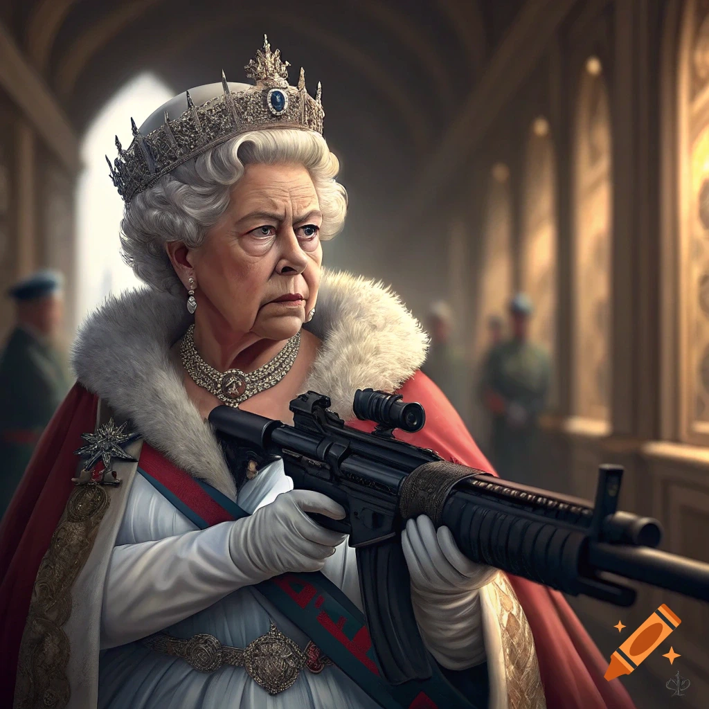 Queen Elizabeth II in a palace hallway holding a machine gun, photorealistic digital art