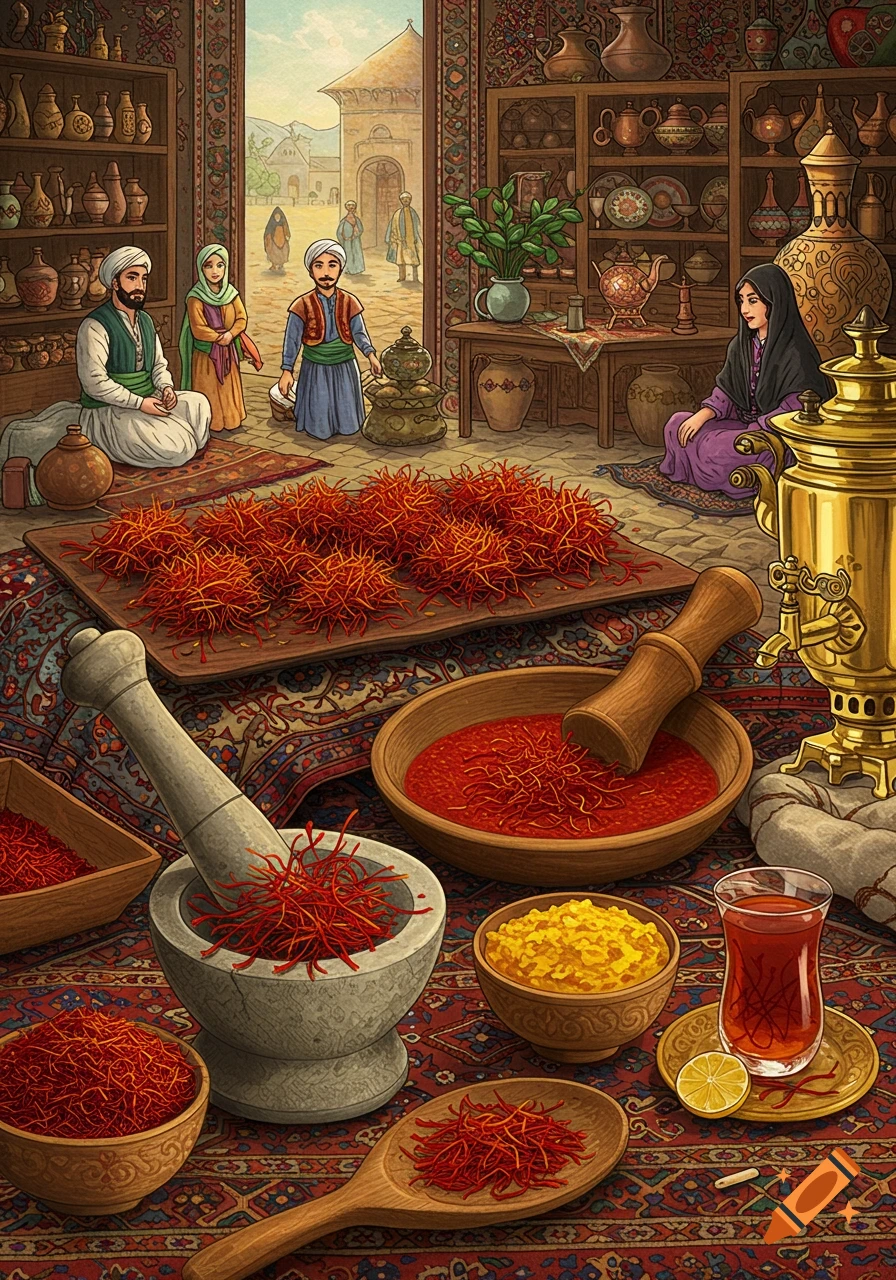 A vibrant illustration of a traditional Iranian market scene with people, abundant saffron, mortar and pestle, and a samovar.