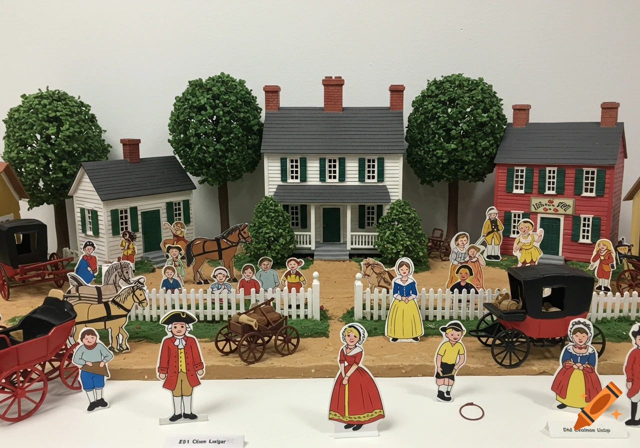 A diorama of a colonial town scene with houses, trees, wagons, and clip art figures.