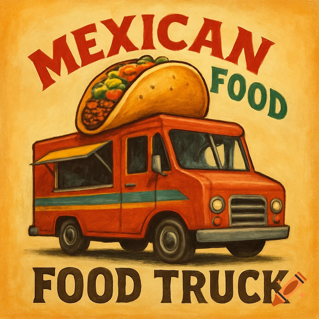 Illustration of a red Mexican food truck with a large taco on the roof and text MEXICAN FOOD FOOD TRUCK