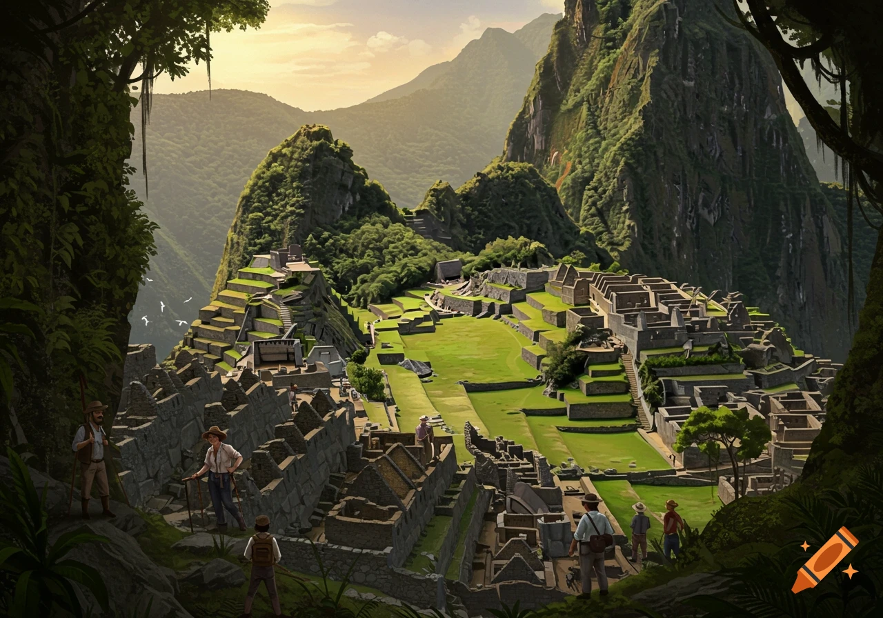 View of ancient Machu Picchu ruins in the mountains with explorers.