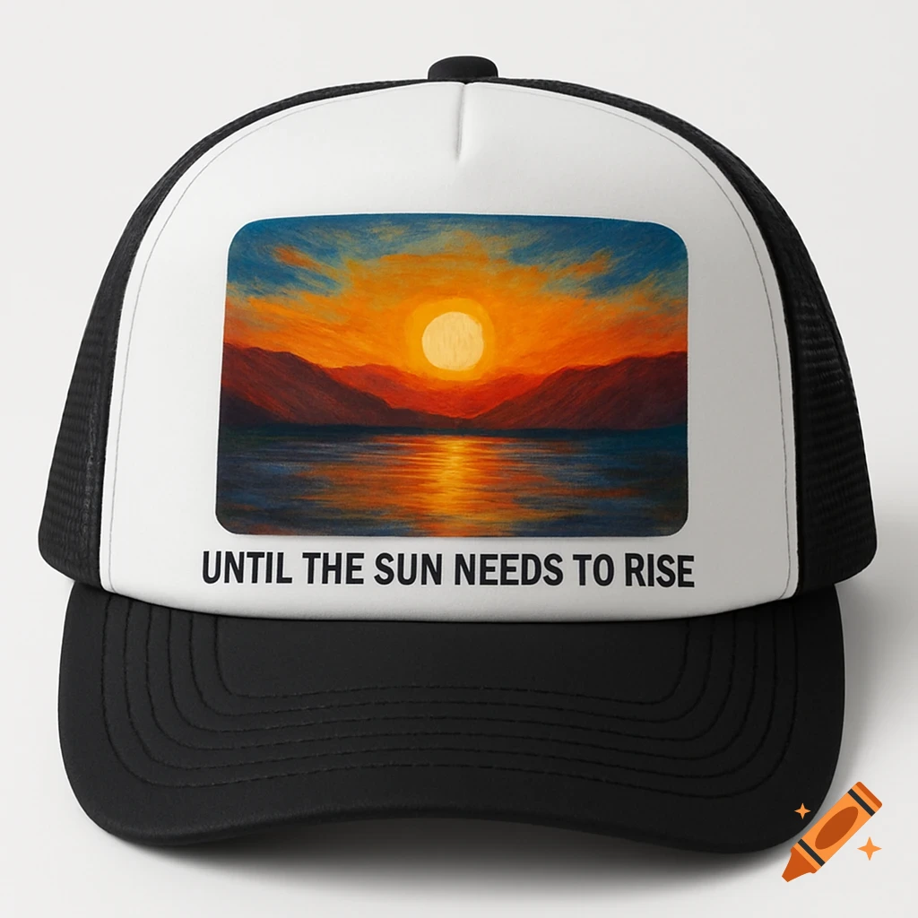 Baseball hat with a painted sunset over mountains and water