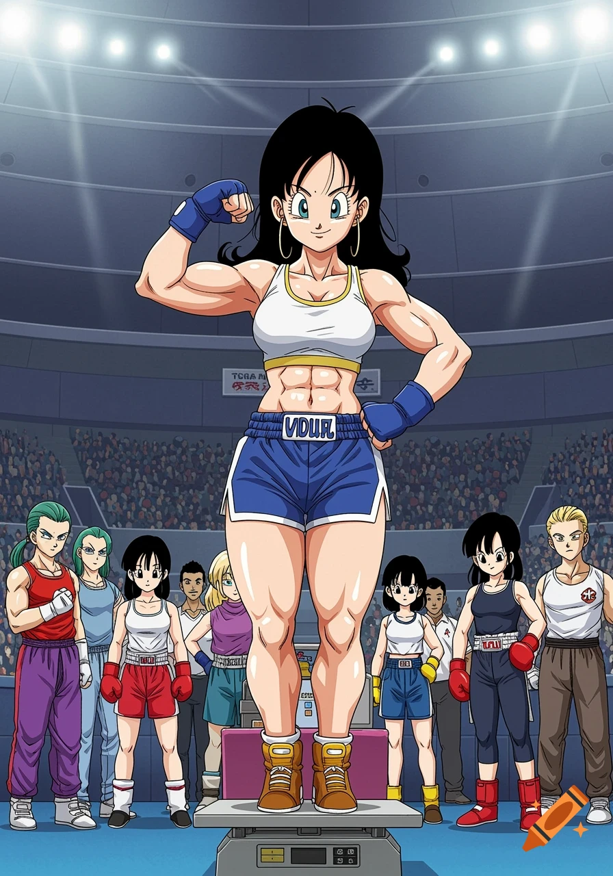 Anime style image of Videl flexing her muscles in a boxing ring during a weigh-in, with other characters in the background.