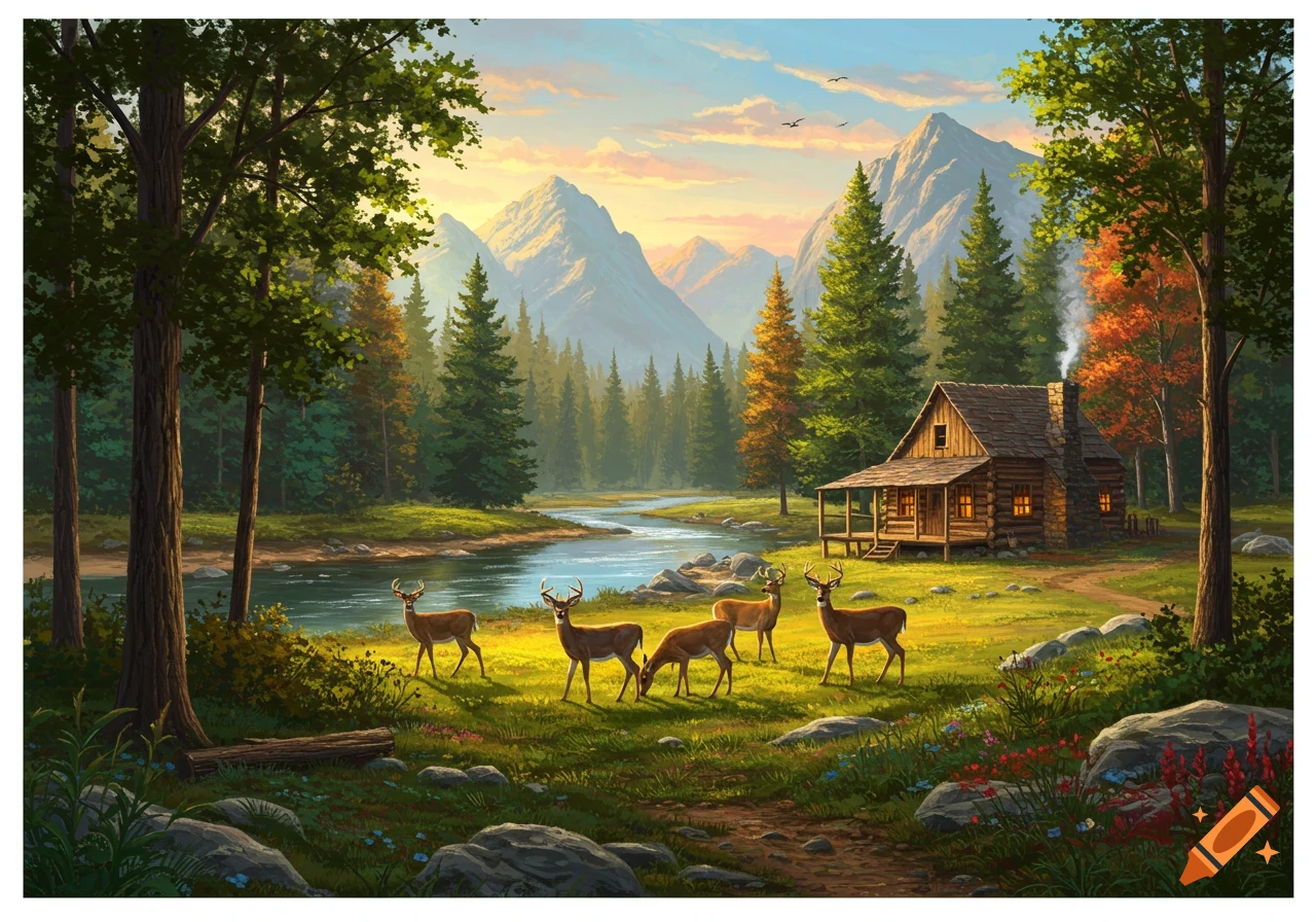 Painting of a cabin by a river in a forest with mountains and deer at sunset.