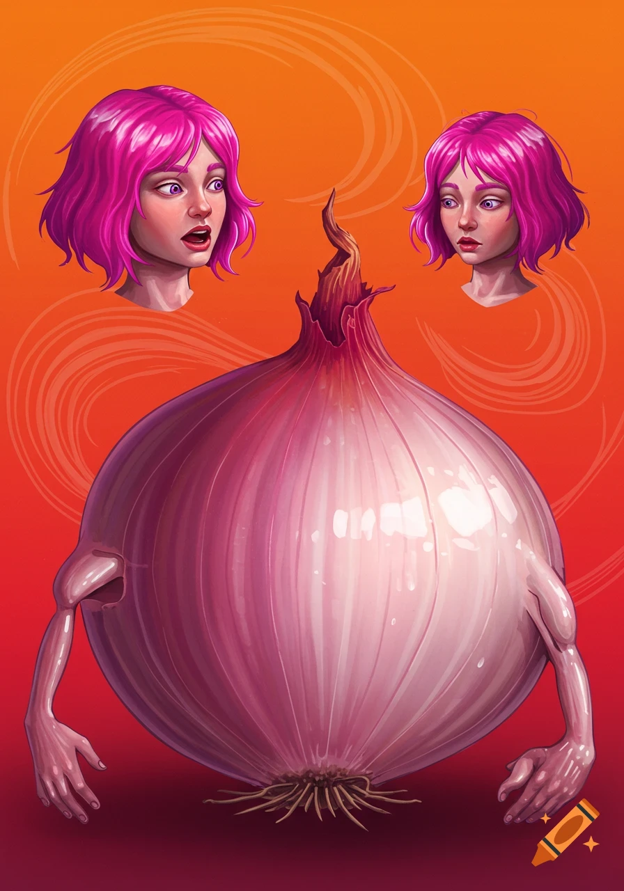 Illustration of a large onion with human arms and hands, with two floating heads of a woman with pink hair above it.